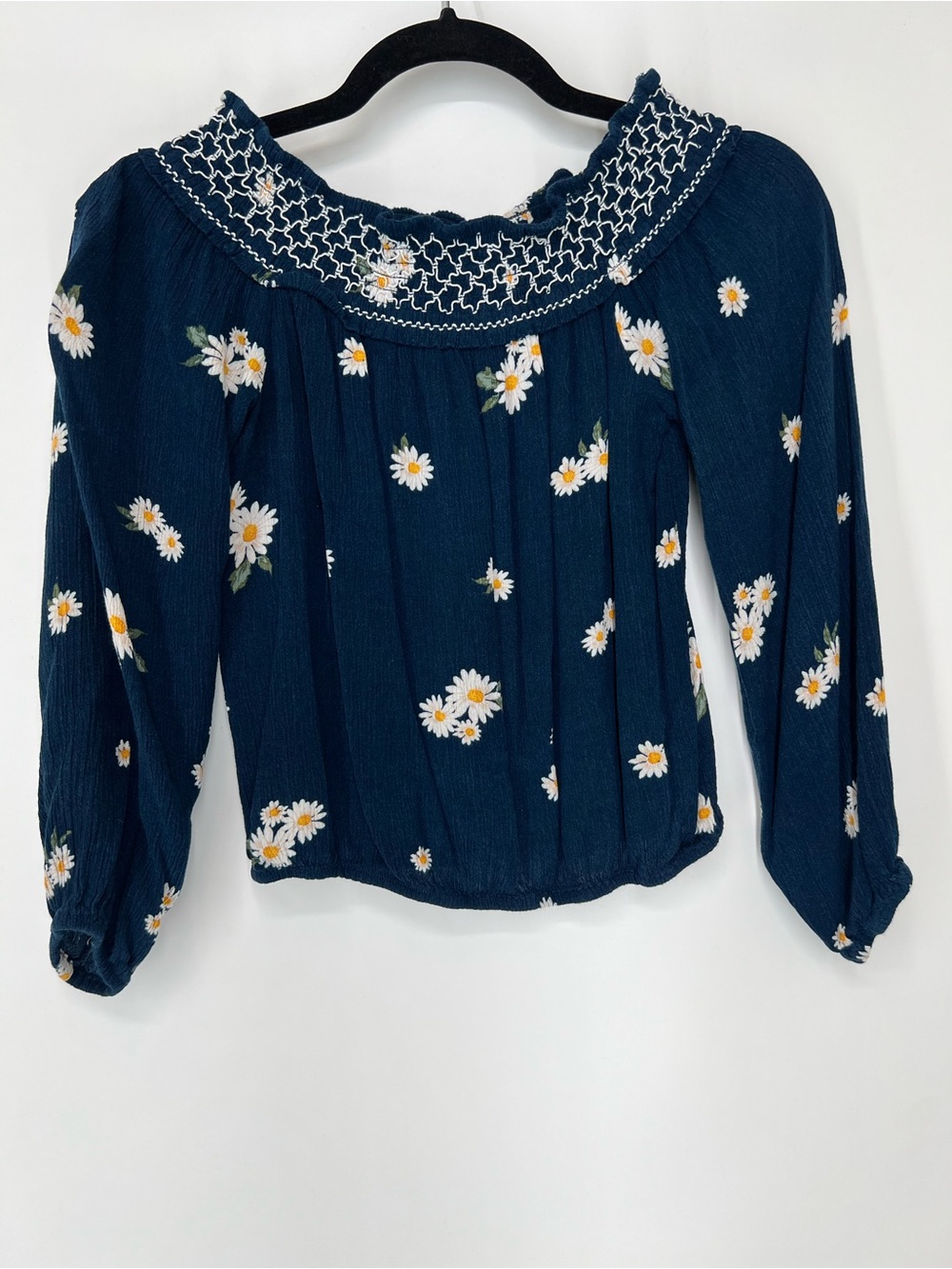 Aeropostale Peasant Navy Daisy Smocked Off-Shoulder Top